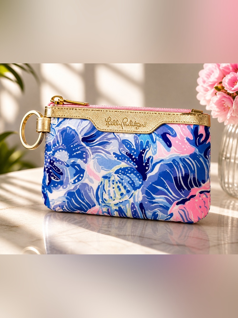 💛Lilly Pulitzer Floral Key Card Pouch in Pink, Blue & Purple with Gold Trim - Picture 8 of 8